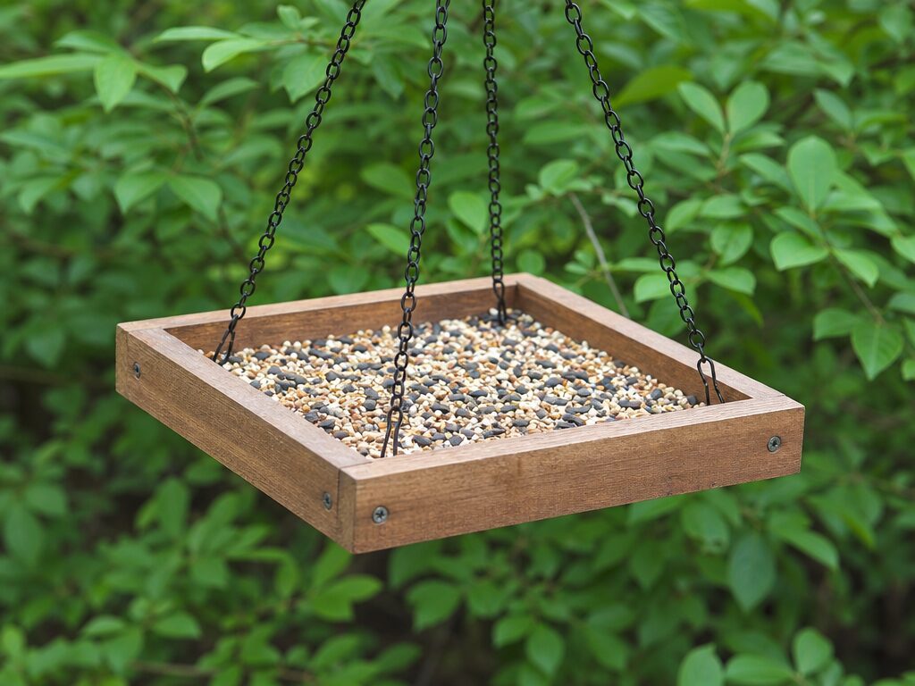 Open platform tray bird feeder attracting cardinals, jays, and doves